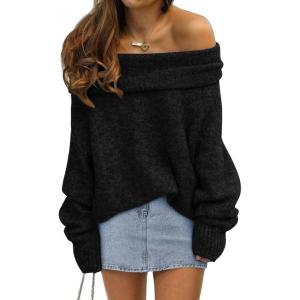 imageLILLUSORY Womens Off The Shoulder Sweater Oversized Batwing Sleeve Loose Pullover Sweaters TopsBlack