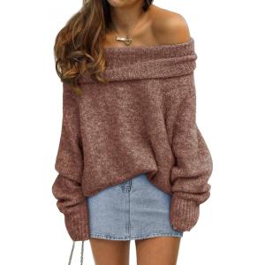 imageLILLUSORY Womens Off The Shoulder Sweater Oversized Batwing Sleeve Loose Pullover Sweaters TopsCaramel