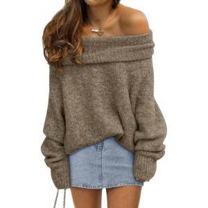 imageLILLUSORY Womens Off The Shoulder Sweater Oversized Batwing Sleeve Loose Pullover Sweaters TopsCoffee