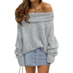 imageLILLUSORY Womens Off The Shoulder Sweater Oversized Batwing Sleeve Loose Pullover Sweaters TopsHeather Grey