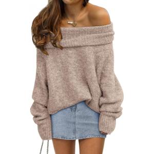 imageLILLUSORY Womens Off The Shoulder Sweater Oversized Batwing Sleeve Loose Pullover Sweaters TopsKhaki