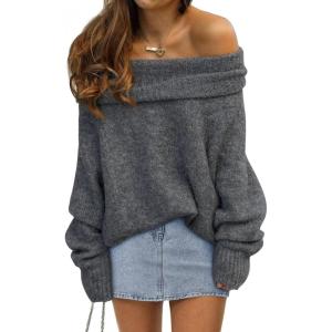 imageLILLUSORY Womens Off The Shoulder Sweater Oversized Batwing Sleeve Loose Pullover Sweaters TopsLight Grey
