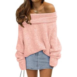 imageLILLUSORY Womens Off The Shoulder Sweater Oversized Batwing Sleeve Loose Pullover Sweaters TopsPink