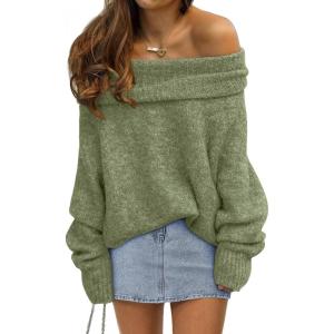 imageLILLUSORY Womens Off The Shoulder Sweater Oversized Batwing Sleeve Loose Pullover Sweaters TopsSage Green