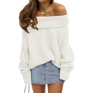 imageLILLUSORY Womens Off The Shoulder Sweater Oversized Batwing Sleeve Loose Pullover Sweaters TopsWhite