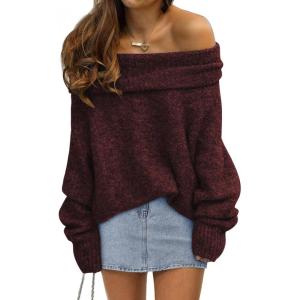 imageLILLUSORY Womens Off The Shoulder Sweater Oversized Batwing Sleeve Loose Pullover Sweaters TopsWine Red