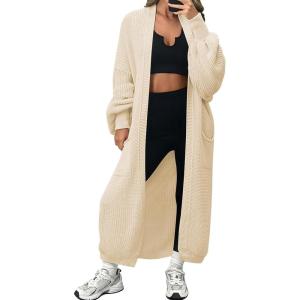 imageLILLUSORY Womens Oversized Long Cardigan Open Front Duster Sweater with PocketsApricot