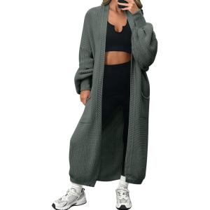 imageLILLUSORY Womens Oversized Long Cardigan Open Front Duster Sweater with PocketsDark Green