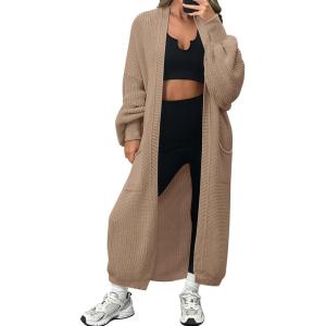 imageLILLUSORY Womens Oversized Long Cardigan Open Front Duster Sweater with PocketsKhaki