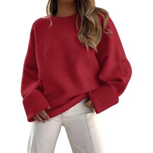 imageLILLUSORY Womens Oversized Sweaters Fuzzy Chunky Warm Pullover SweaterRuby Red