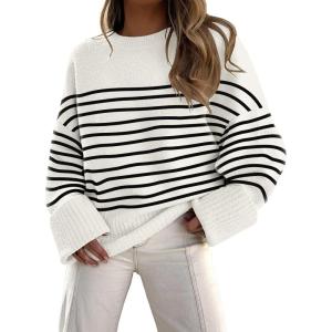imageLILLUSORY Womens Oversized Sweaters Fuzzy Chunky Warm Pullover SweaterStripes White