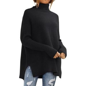 imageLILLUSORY Womens Oversized Turtleneck Sweaters Fall Batwing Sleeve Ribbed Tunic SweaterBlack