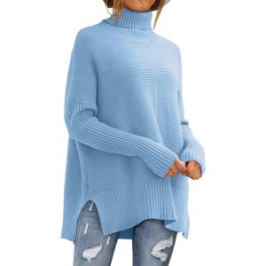 imageLILLUSORY Womens Oversized Turtleneck Sweaters Fall Batwing Sleeve Ribbed Tunic SweaterBlue