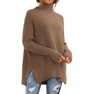 imageLILLUSORY Womens Oversized Turtleneck Sweaters Fall Batwing Sleeve Ribbed Tunic SweaterDark Apricot