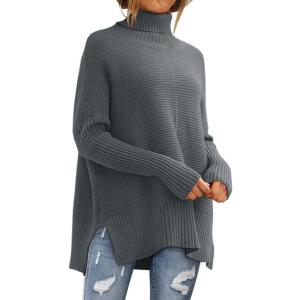 imageLILLUSORY Womens Oversized Turtleneck Sweaters Fall Batwing Sleeve Ribbed Tunic SweaterDeep Grey