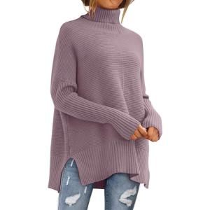 imageLILLUSORY Womens Oversized Turtleneck Sweaters Fall Batwing Sleeve Ribbed Tunic SweaterDusty Lilac