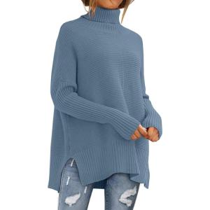 imageLILLUSORY Womens Oversized Turtleneck Sweaters Fall Batwing Sleeve Ribbed Tunic SweaterIndigo