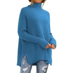 imageLILLUSORY Womens Oversized Turtleneck Sweaters Fall Batwing Sleeve Ribbed Tunic SweaterLake Blue