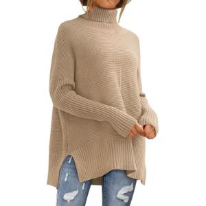 imageLILLUSORY Womens Oversized Turtleneck Sweaters Fall Batwing Sleeve Ribbed Tunic SweaterLight Apricot