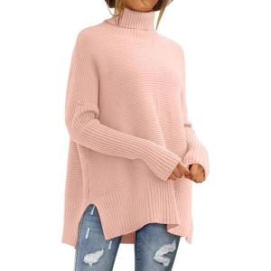 imageLILLUSORY Womens Oversized Turtleneck Sweaters Fall Batwing Sleeve Ribbed Tunic SweaterLight Pink