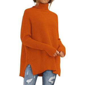 imageLILLUSORY Womens Oversized Turtleneck Sweaters Fall Batwing Sleeve Ribbed Tunic SweaterOrange