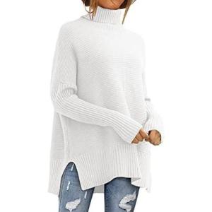 imageLILLUSORY Womens Oversized Turtleneck Sweaters Fall Batwing Sleeve Ribbed Tunic SweaterWhite