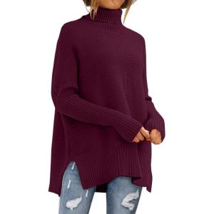 imageLILLUSORY Womens Oversized Turtleneck Sweaters Fall Batwing Sleeve Ribbed Tunic SweaterWine Red
