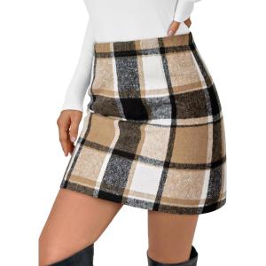 imageLILLUSORY Womens Plaid Skirt Fall High Waist Flannel Mini Checkered Skirts Winter Corduroy Sweater Dress 2025Apricot