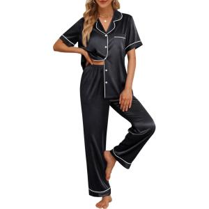 imageLILLUSORY Womens Silk Satin Pajama Set 2025 Pjs Lounge 2 Piece Fall Outfit Sleepwear Button Down Loungewear Matching ClothingBlack