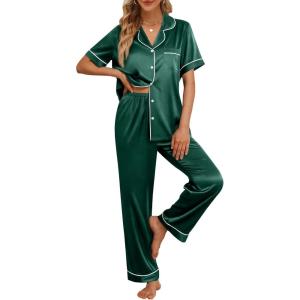 imageLILLUSORY Womens Silk Satin Pajama Set 2025 Pjs Lounge 2 Piece Fall Outfit Sleepwear Button Down Loungewear Matching ClothingDark Green