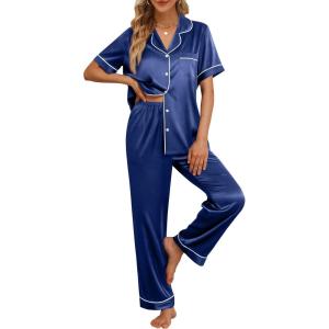 imageLILLUSORY Womens Silk Satin Pajama Set 2025 Pjs Lounge 2 Piece Fall Outfit Sleepwear Button Down Loungewear Matching ClothingNavy