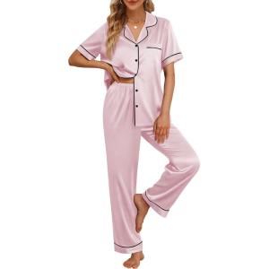 imageLILLUSORY Womens Silk Satin Pajama Set 2025 Pjs Lounge 2 Piece Fall Outfit Sleepwear Button Down Loungewear Matching ClothingPink