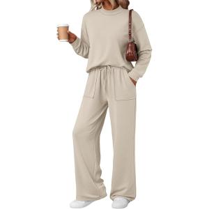imageLILLUSORY Womens Two Piece Lounge Sets Mock Turtleneck Tops Wide Leg Drawstring Pants Sweatsuit with PocketsApricot