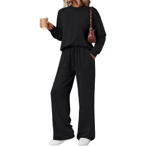 imageLILLUSORY Womens Two Piece Lounge Sets Mock Turtleneck Tops Wide Leg Drawstring Pants Sweatsuit with PocketsBlack
