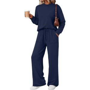 imageLILLUSORY Womens Two Piece Lounge Sets Mock Turtleneck Tops Wide Leg Drawstring Pants Sweatsuit with PocketsNavy