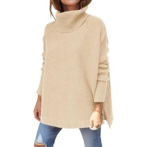 imageLILLUSORY Womens Turtleneck Oversized Sweaters Long Batwing Sleeve Spilt Hem Tunic Pullover Knit TopsApricot