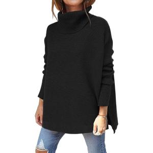 imageLILLUSORY Womens Turtleneck Oversized Sweaters Long Batwing Sleeve Spilt Hem Tunic Pullover Knit TopsBlack