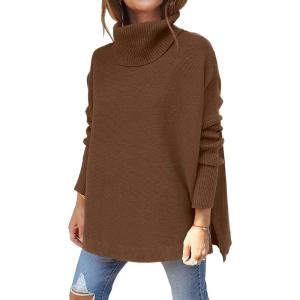 imageLILLUSORY Womens Turtleneck Oversized Sweaters Long Batwing Sleeve Spilt Hem Tunic Pullover Knit TopsBrown
