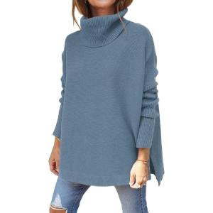 imageLILLUSORY Womens Turtleneck Oversized Sweaters Long Batwing Sleeve Spilt Hem Tunic Pullover Knit TopsLake Blue