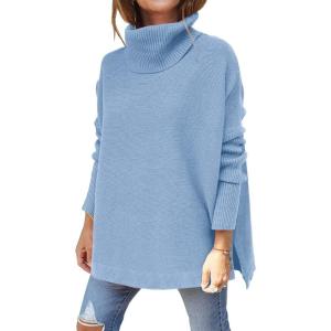 imageLILLUSORY Womens Turtleneck Oversized Sweaters Long Batwing Sleeve Spilt Hem Tunic Pullover Knit TopsLight Blue