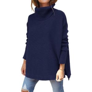 imageLILLUSORY Womens Turtleneck Oversized Sweaters Long Batwing Sleeve Spilt Hem Tunic Pullover Knit TopsNavy Blue