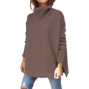imageLILLUSORY Womens Turtleneck Oversized Sweaters Long Batwing Sleeve Spilt Hem Tunic Pullover Knit TopsNutmeg
