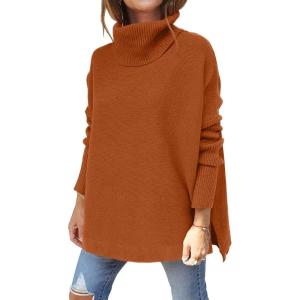 imageLILLUSORY Womens Turtleneck Oversized Sweaters Long Batwing Sleeve Spilt Hem Tunic Pullover Knit TopsOrange