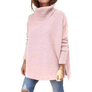 imageLILLUSORY Womens Turtleneck Oversized Sweaters Long Batwing Sleeve Spilt Hem Tunic Pullover Knit TopsPink
