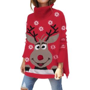 imageLILLUSORY Womens Turtleneck Oversized Sweaters Long Batwing Sleeve Spilt Hem Tunic Pullover Knit TopsRedBrown
