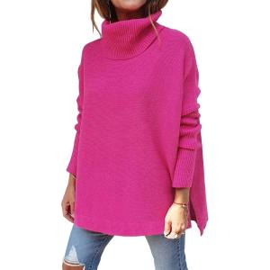 imageLILLUSORY Womens Turtleneck Oversized Sweaters Long Batwing Sleeve Spilt Hem Tunic Pullover Knit TopsRose Red