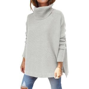 imageLILLUSORY Womens Turtleneck Oversized Sweaters Long Batwing Sleeve Spilt Hem Tunic Pullover Knit TopsSilver
