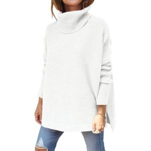 imageLILLUSORY Womens Turtleneck Oversized Sweaters Long Batwing Sleeve Spilt Hem Tunic Pullover Knit TopsWhite