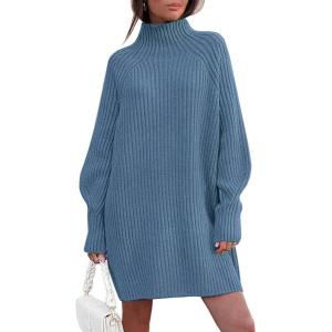 imageLILLUSORY Sweater Dresses for Women 2025 Fall Fashion Mock Neck Long Lantern Sleeve Oversized Outfits Knit Tops ClothesBlue