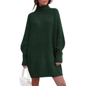 imageLILLUSORY Sweater Dresses for Women 2025 Fall Fashion Mock Neck Long Lantern Sleeve Oversized Outfits Knit Tops ClothesDark Green